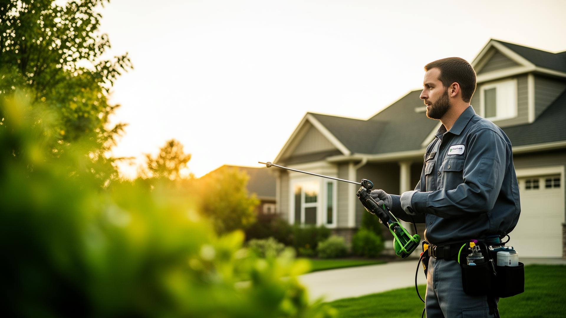 Logan Extermination technician treating a suburban home at golden hour